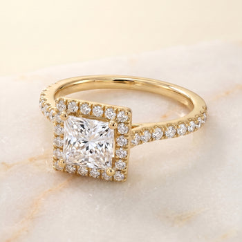 The Allegra Shared Prong Pavé Halo Princess Cut Engagement Ring Setting in 18K Yellow Gold