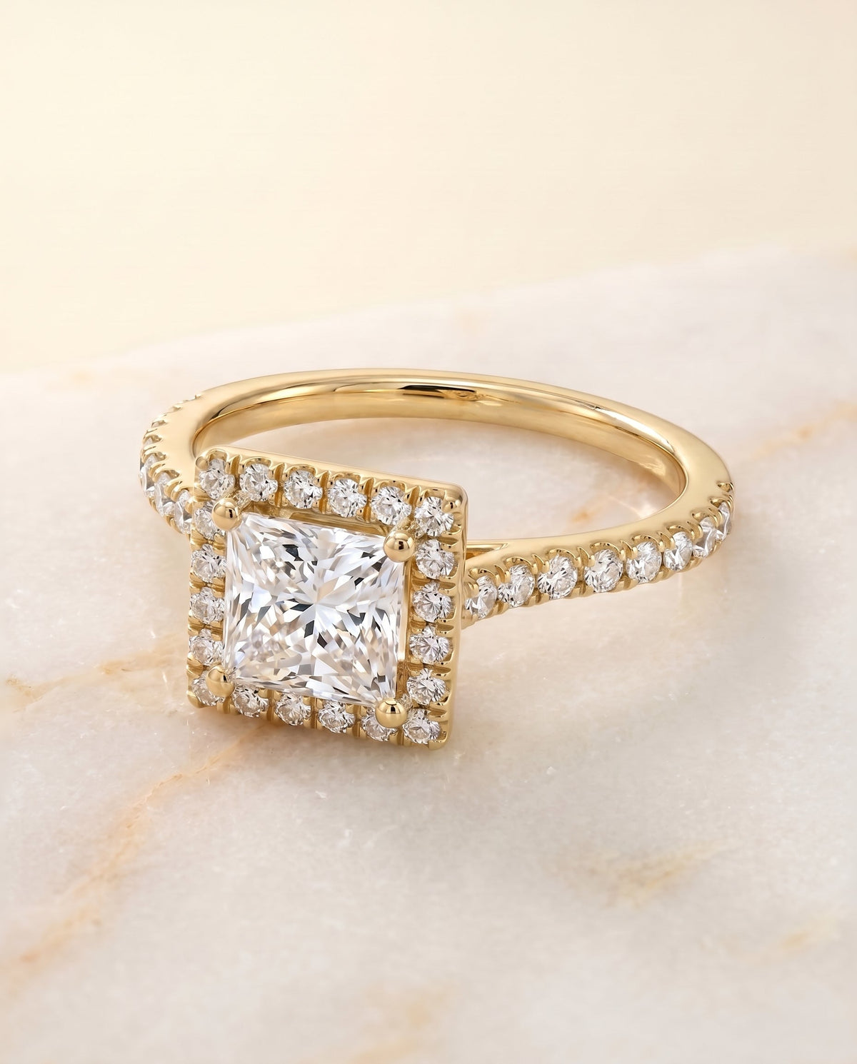 Allegra Select Halo Princess Cut Lab Diamond Engagement Ring in 18K Yellow Gold, shown on hand, angled | RockHer