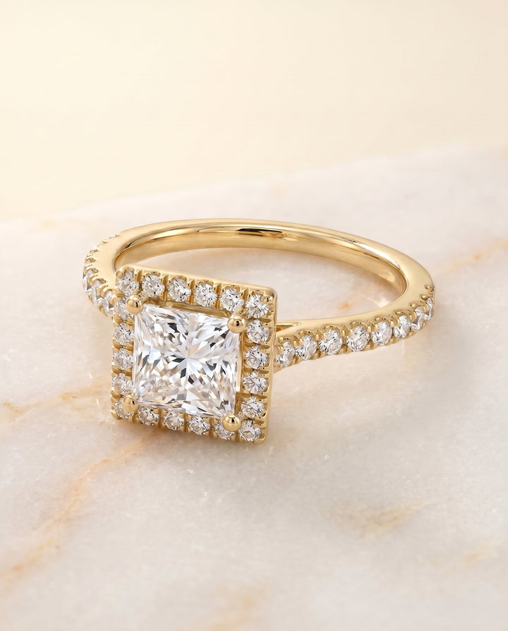 Allegra Select Halo Princess Cut Lab Diamond Engagement Ring in 18K Yellow Gold, shown on hand, angled | RockHer