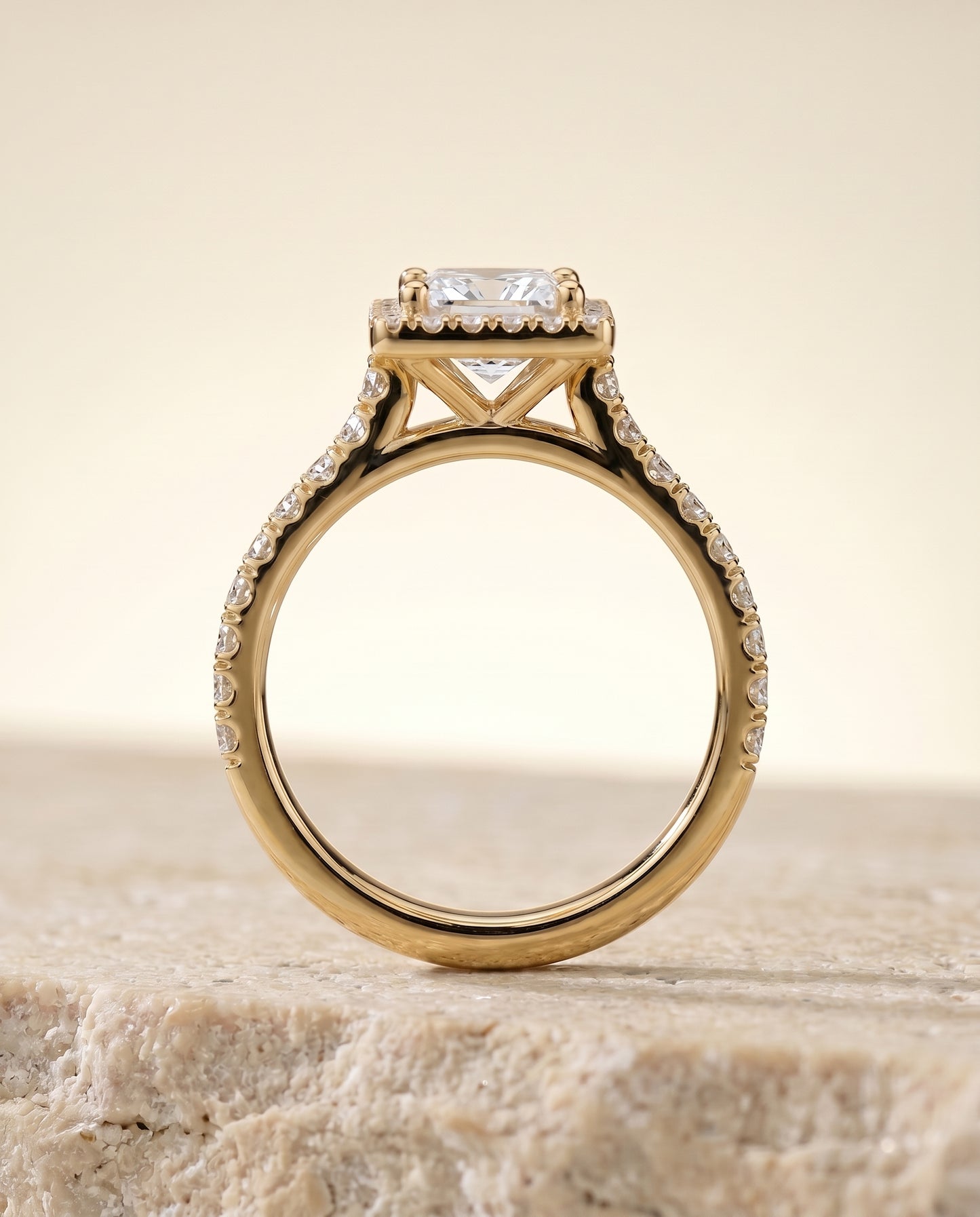 The Allegra Shared Prong Pavé Halo Princess Cut Engagement Ring Setting in 18K Yellow Gold