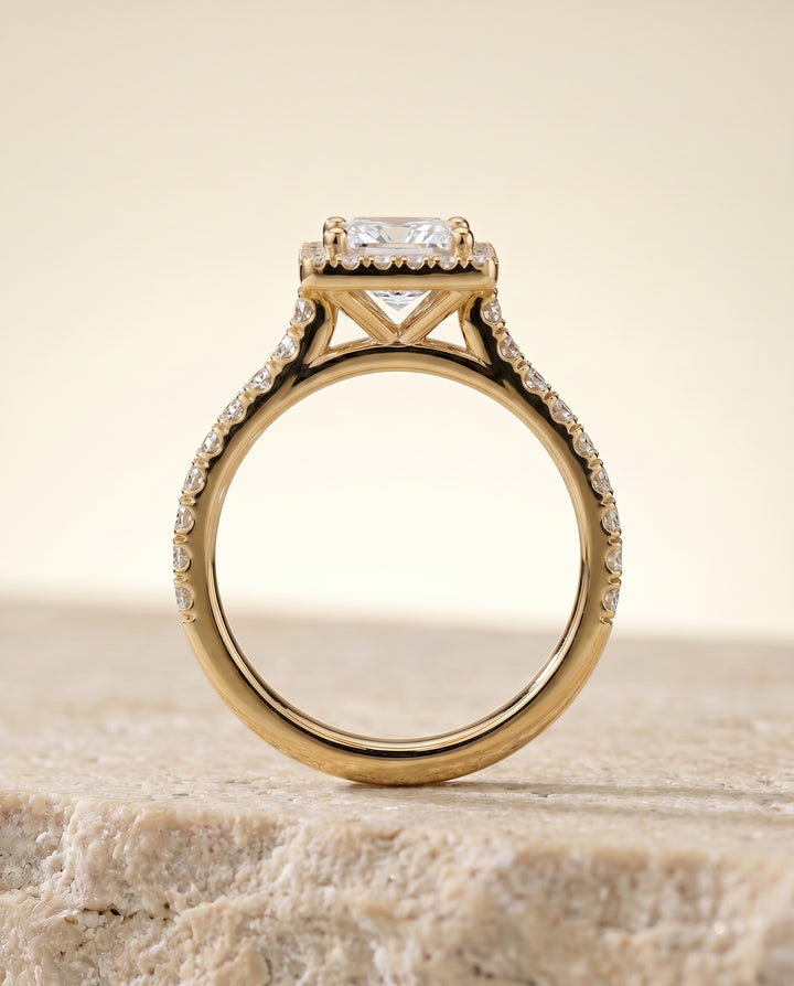 The Allegra Shared Prong Pavé Halo Princess Cut Engagement Ring Setting in 18K Yellow Gold