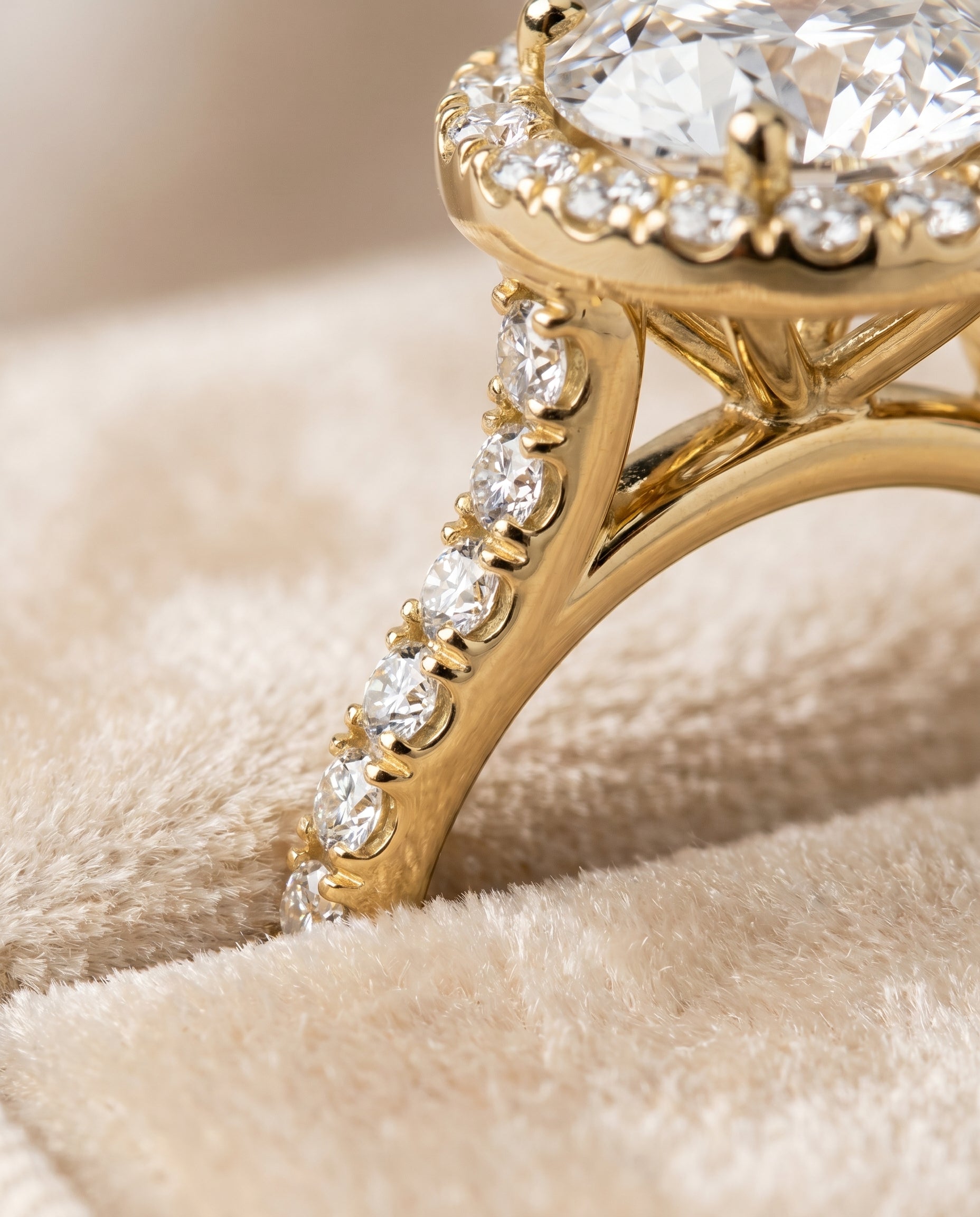 Allegra Select Halo Round Lab Diamond Engagement Ring in 18K Yellow Gold, detail view | RockHer