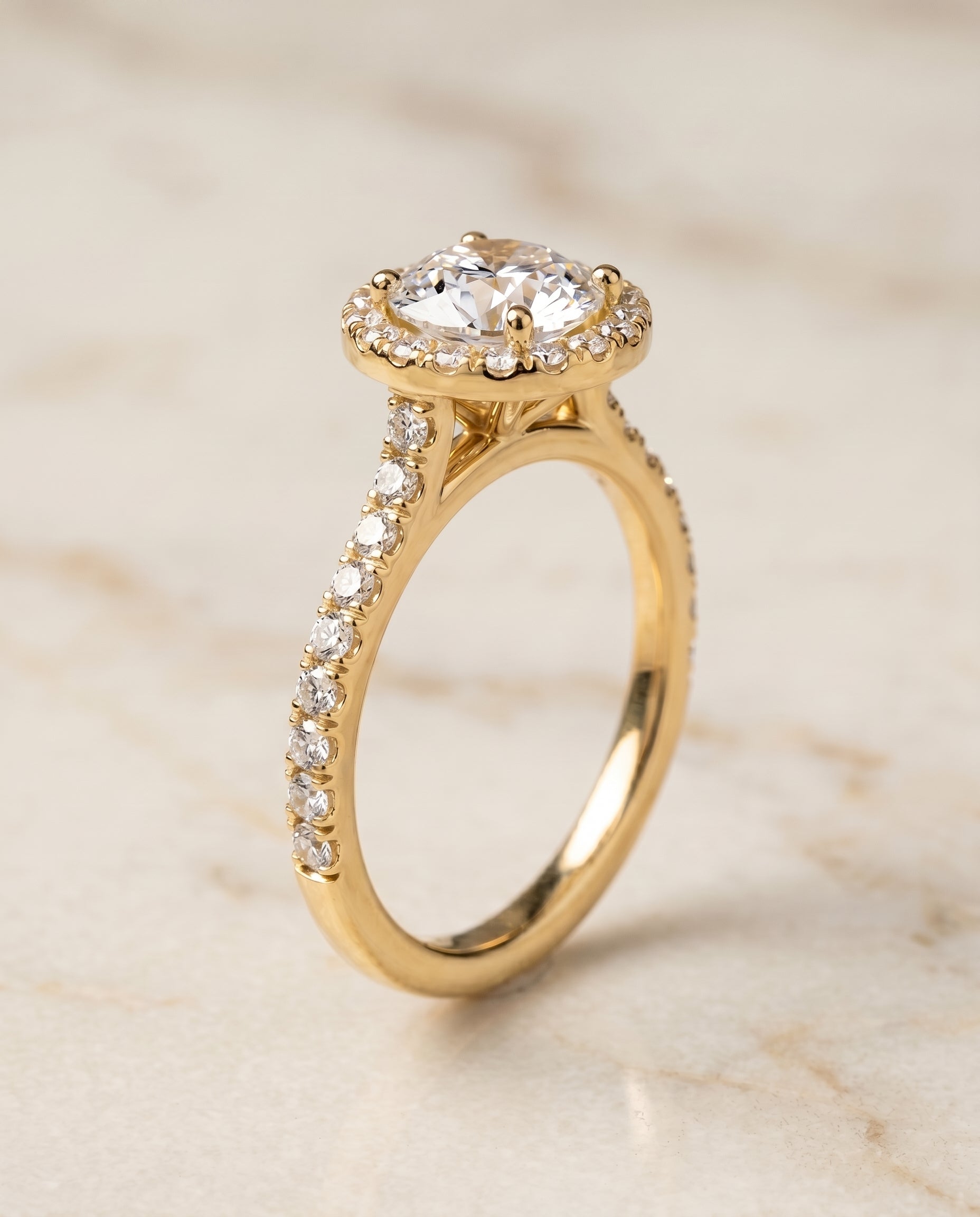 Allegra Select Halo Round Lab Diamond Engagement Ring in 18K Yellow Gold, front view | RockHer