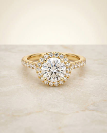 The Allegra Shared Prong Pavé Halo Round Engagement Ring Setting in 18K Yellow Gold