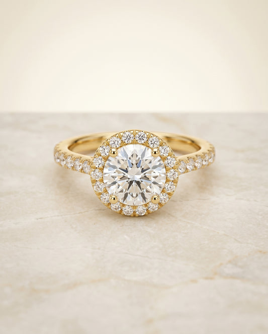 The Allegra Pavé Halo Engagement Ring Setting for Round Diamonds in 18K Yellow Gold