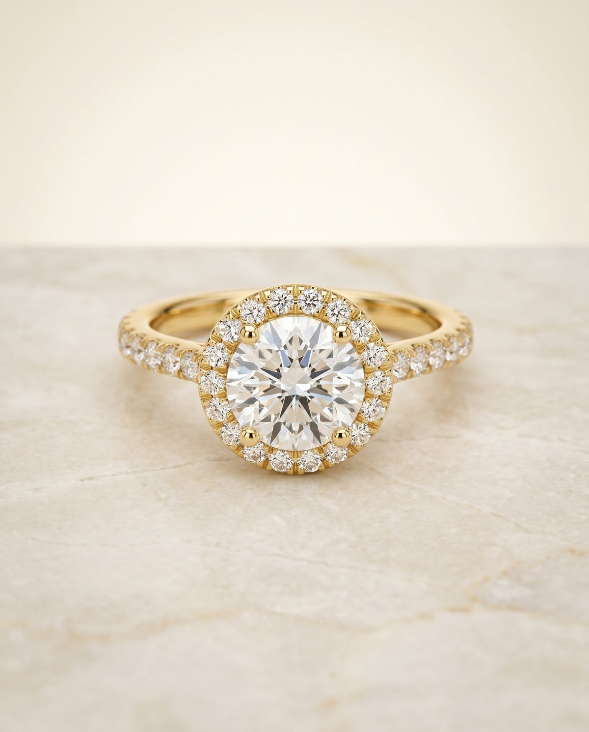 Allegra Select Halo Round Lab Diamond Engagement Ring in 18K Yellow Gold, shown on hand, angled | RockHer