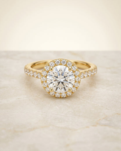 Allegra Select Halo Round Lab Diamond Engagement Ring in 18K Yellow Gold, shown on hand, angled | RockHer