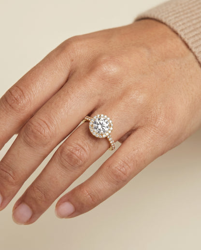 The Allegra Shared Prong Pavé Halo Round Engagement Ring Setting in 18K Yellow Gold