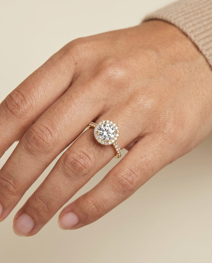 The Allegra Pavé Halo Engagement Ring Setting for Round Diamonds in 18K Yellow Gold
