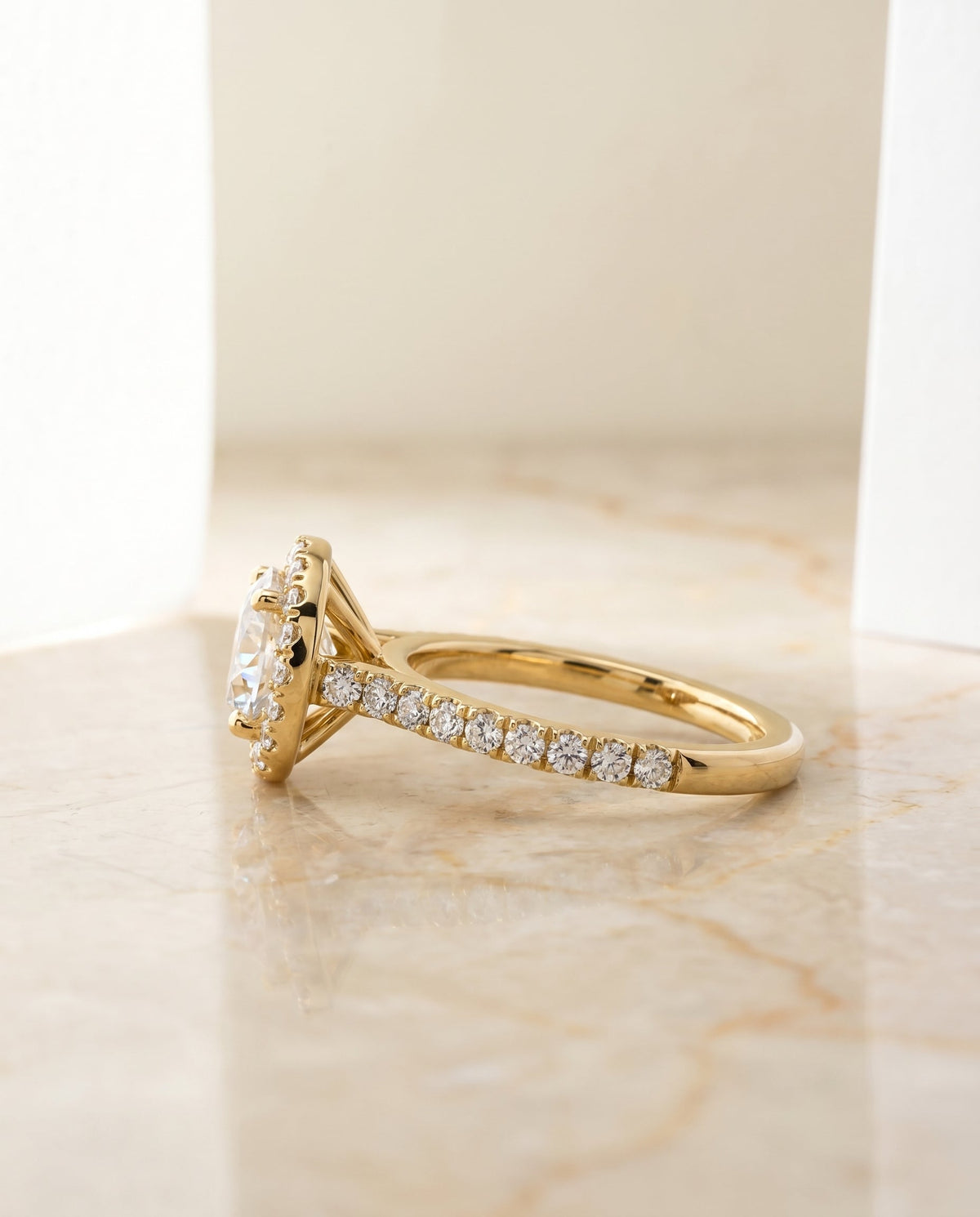 Allegra Select Halo Round Lab Diamond Engagement Ring in 18K Yellow Gold, side view | RockHer