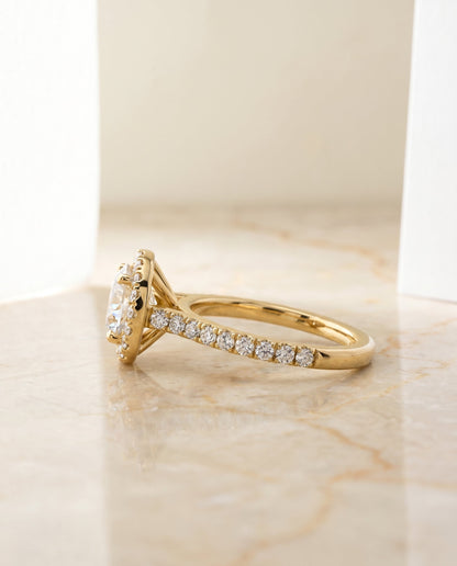 Allegra Select Halo Round Lab Diamond Engagement Ring in 18K Yellow Gold, side view | RockHer