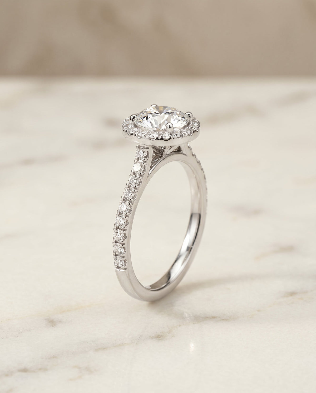 Allegra Select Halo Round Lab Diamond Engagement Ring in 18K White Gold, front view | RockHer