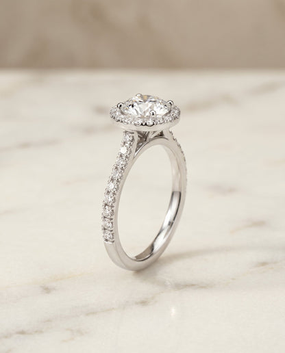 Allegra Select Halo Round Lab Diamond Engagement Ring in 18K White Gold, front view | RockHer