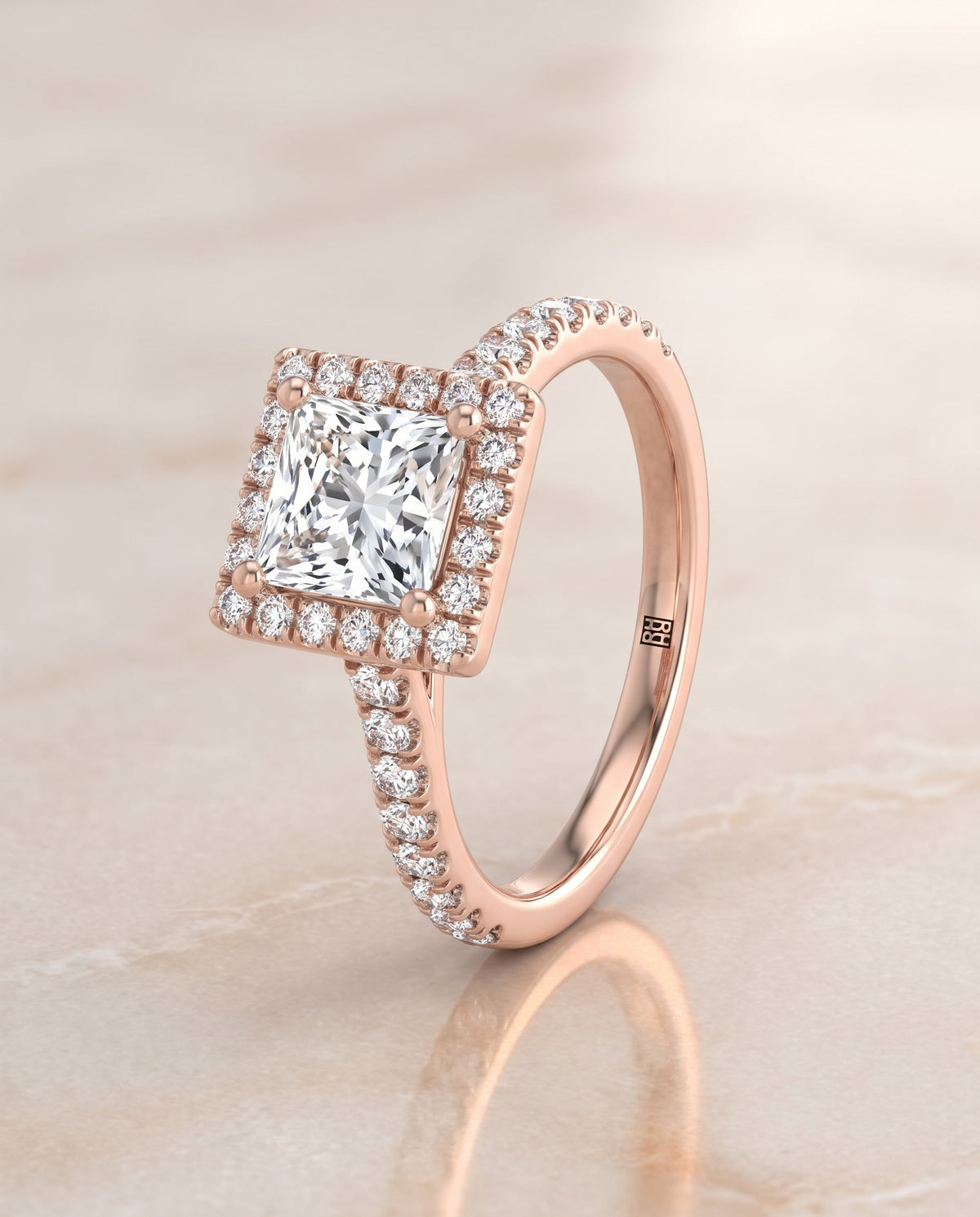 The Allegra Shared Prong Pavé Halo Princess Cut Engagement Ring Setting in 14K Rose Gold