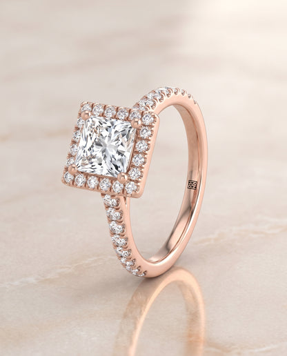 The Allegra Shared Prong Pavé Halo Princess Cut Engagement Ring Setting in 14K Rose Gold