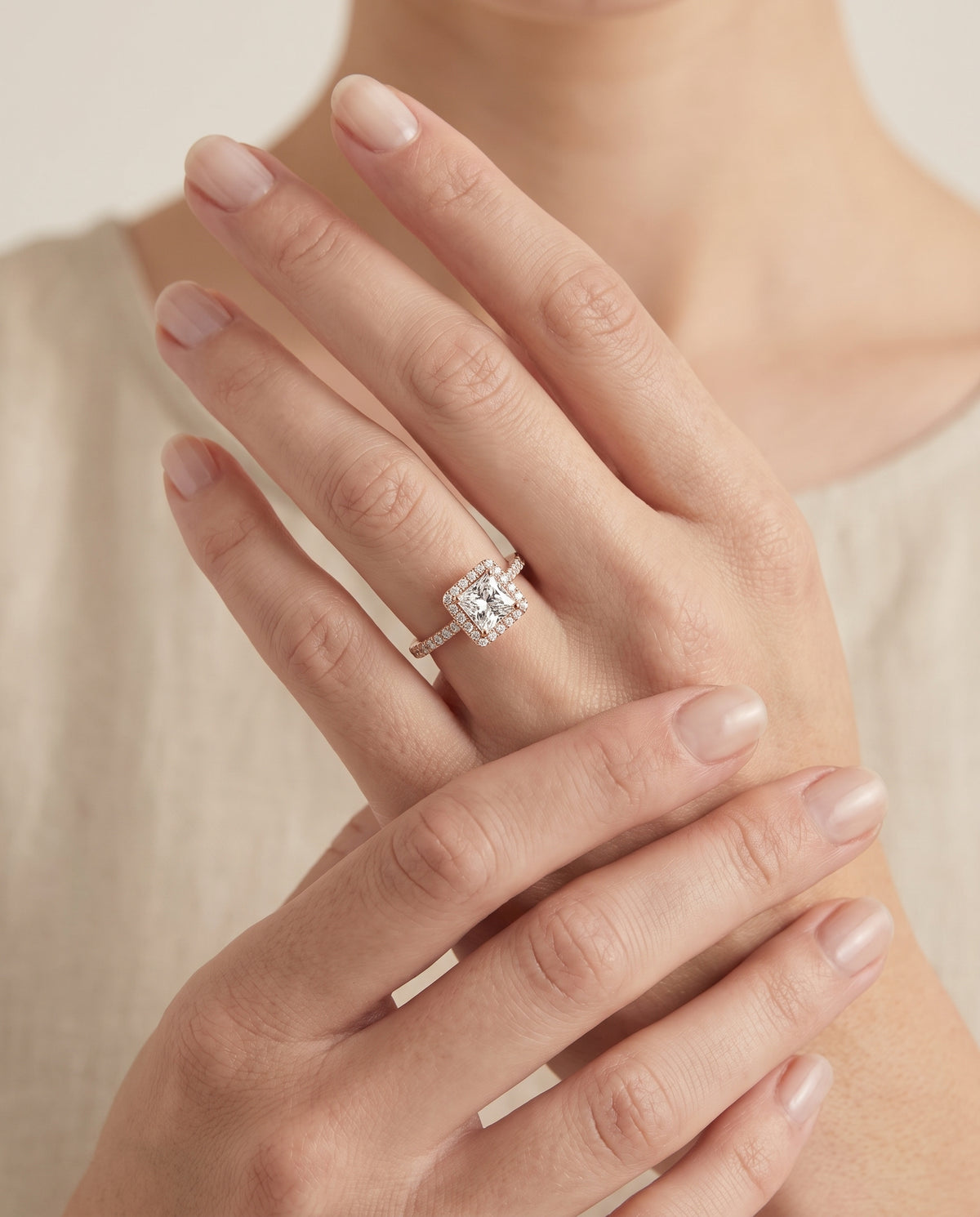 The Allegra Shared Prong Pavé Halo Princess Cut Engagement Ring Setting in 14K Rose Gold
