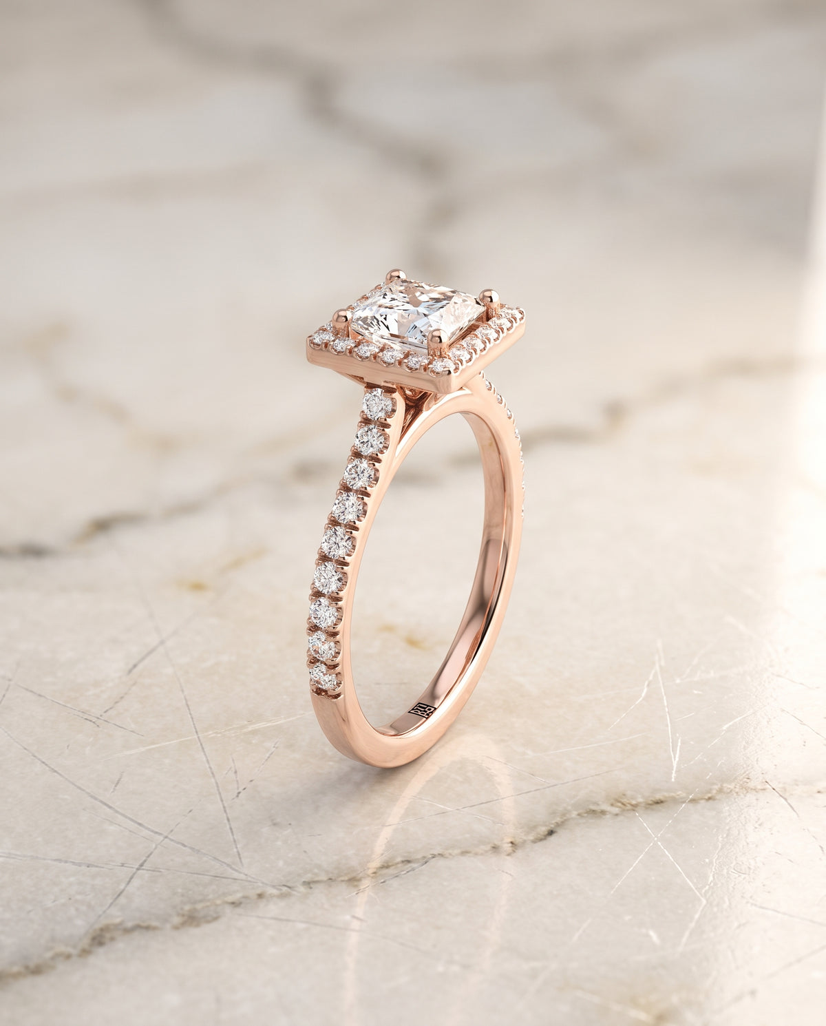 The Allegra Shared Prong Pavé Halo Princess Cut Engagement Ring Setting in 14K Rose Gold