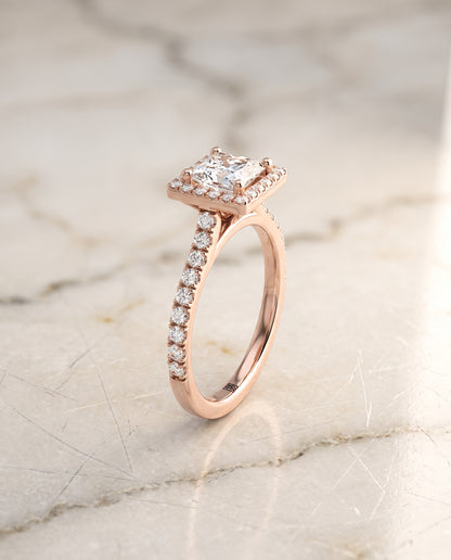 The Allegra Shared Prong Pavé Halo Princess Cut Engagement Ring Setting in 14K Rose Gold