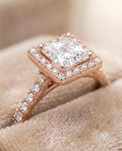 The Allegra Shared Prong Pavé Halo Princess Cut Engagement Ring Setting in 14K Rose Gold