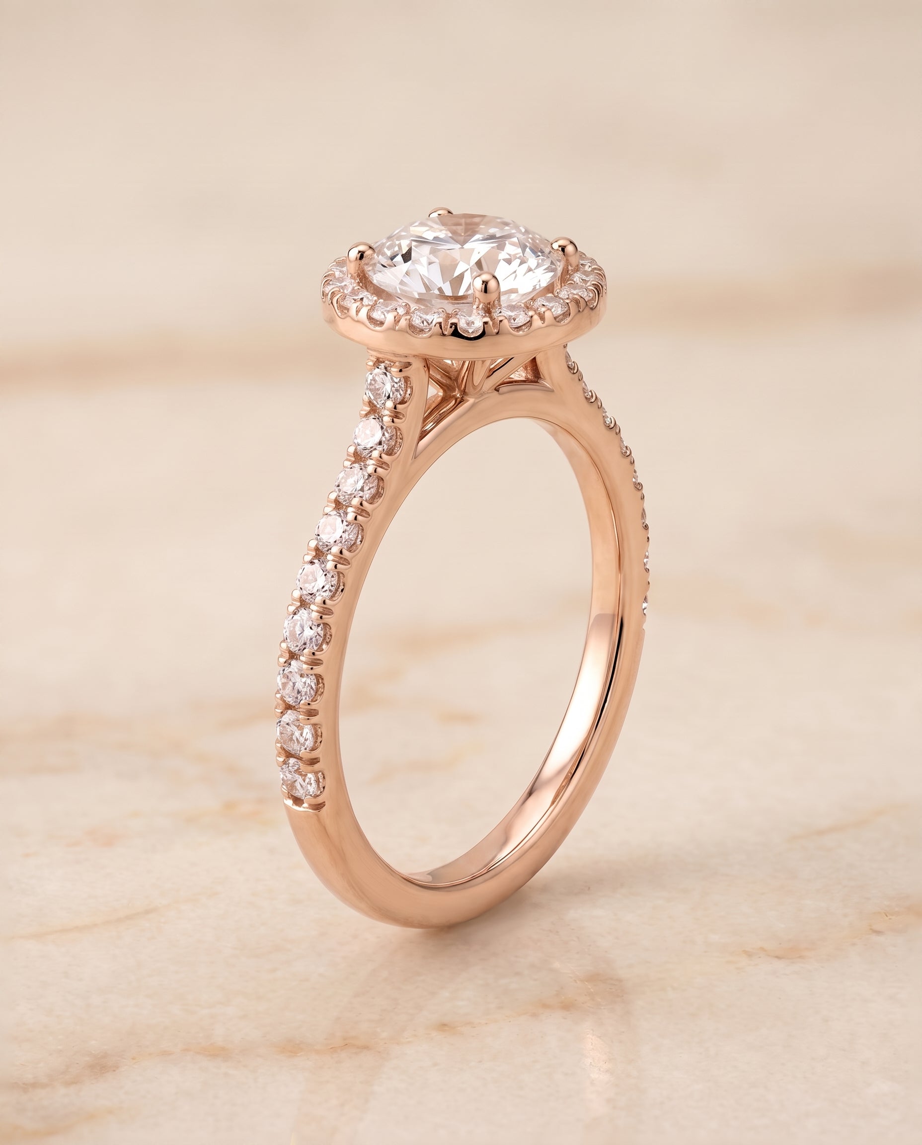 Shared Prong Pavé Halo styling on The Allegra round engagement ring setting | RockHer