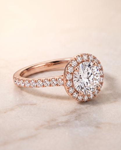 The Allegra Shared Prong Pavé Halo Round Engagement Ring Setting in 14K Rose Gold