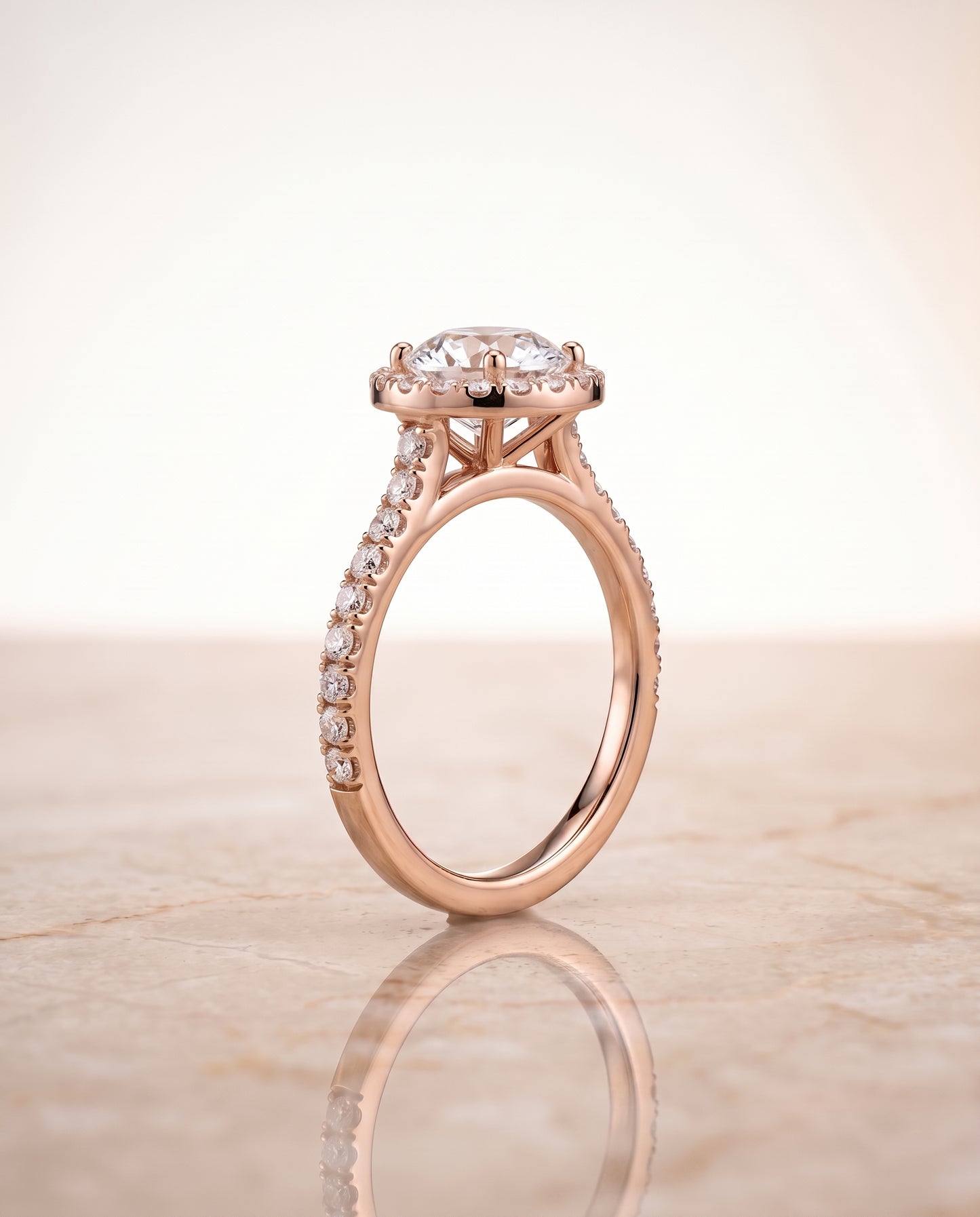 The Allegra Shared Prong Pavé Halo Round Engagement Ring Setting in 14K Rose Gold
