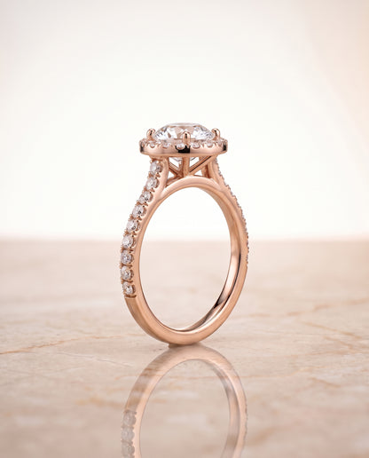The Allegra Shared Prong Pavé Halo Round Engagement Ring Setting in 14K Rose Gold