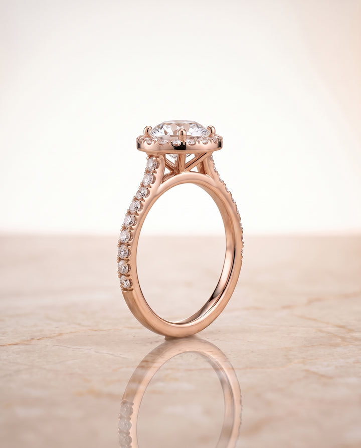 The Allegra Shared Prong Pavé Halo Round Engagement Ring Setting in 14K Rose Gold