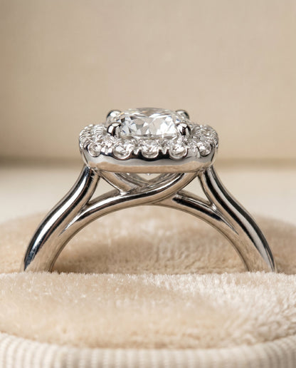 Amy Select Halo Round Lab Diamond Engagement Ring in 18K White Gold, detail view | RockHer