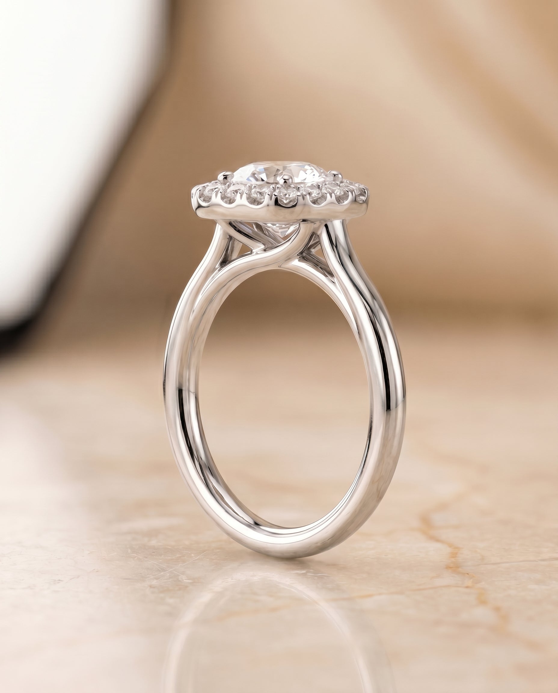 Amy Select Halo Round Lab Diamond Engagement Ring in 18K White Gold, side view | RockHer
