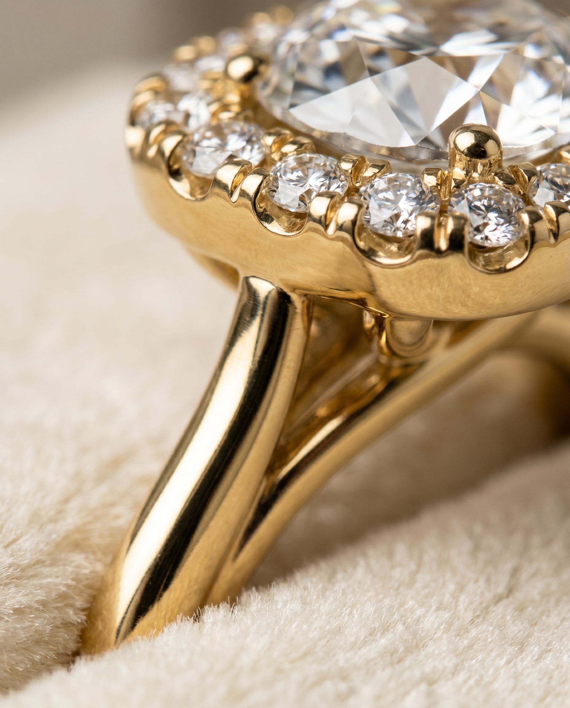 Amy Select High Polish Simple Halo Round Lab Diamond Engagement Ring in 18K Yellow Gold, detail view | RockHer