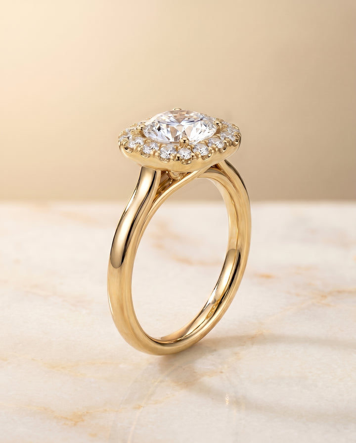 The Amy Pavé Halo Engagement Ring Setting for Round Diamonds in 18K Yellow Gold