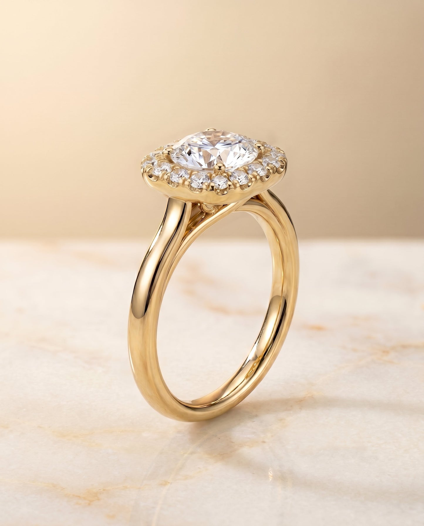 Amy Select High Polish Simple Halo Round Lab Diamond Engagement Ring in 18K Yellow Gold, front view | RockHer