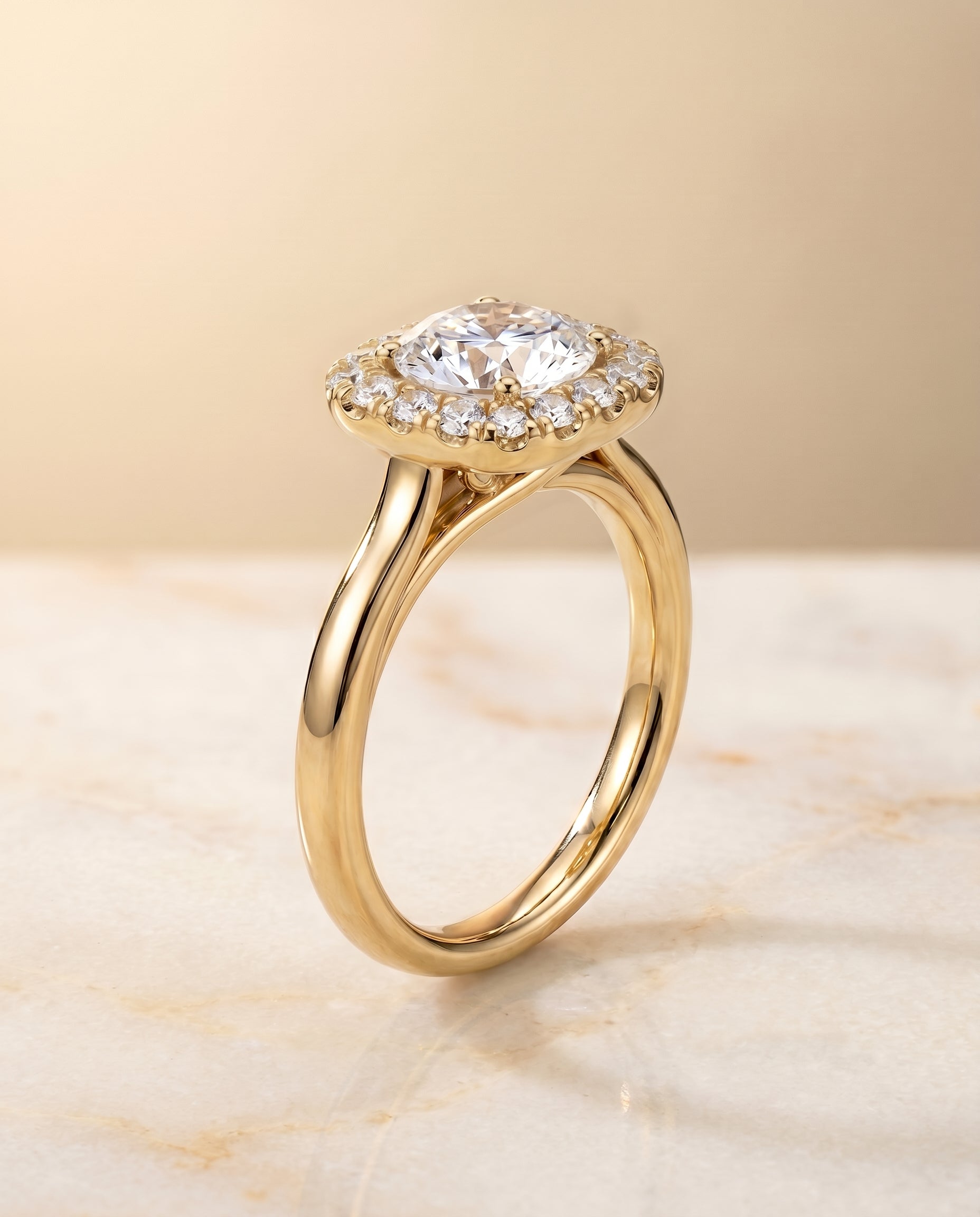 Amy Select High Polish Simple Halo Round Lab Diamond Engagement Ring in 18K Yellow Gold, front view | RockHer