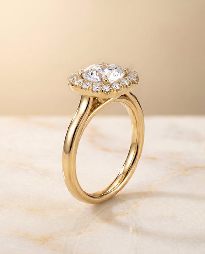 Amy Select High Polish Simple Halo Round Lab Diamond Engagement Ring in 18K Yellow Gold, front view | RockHer