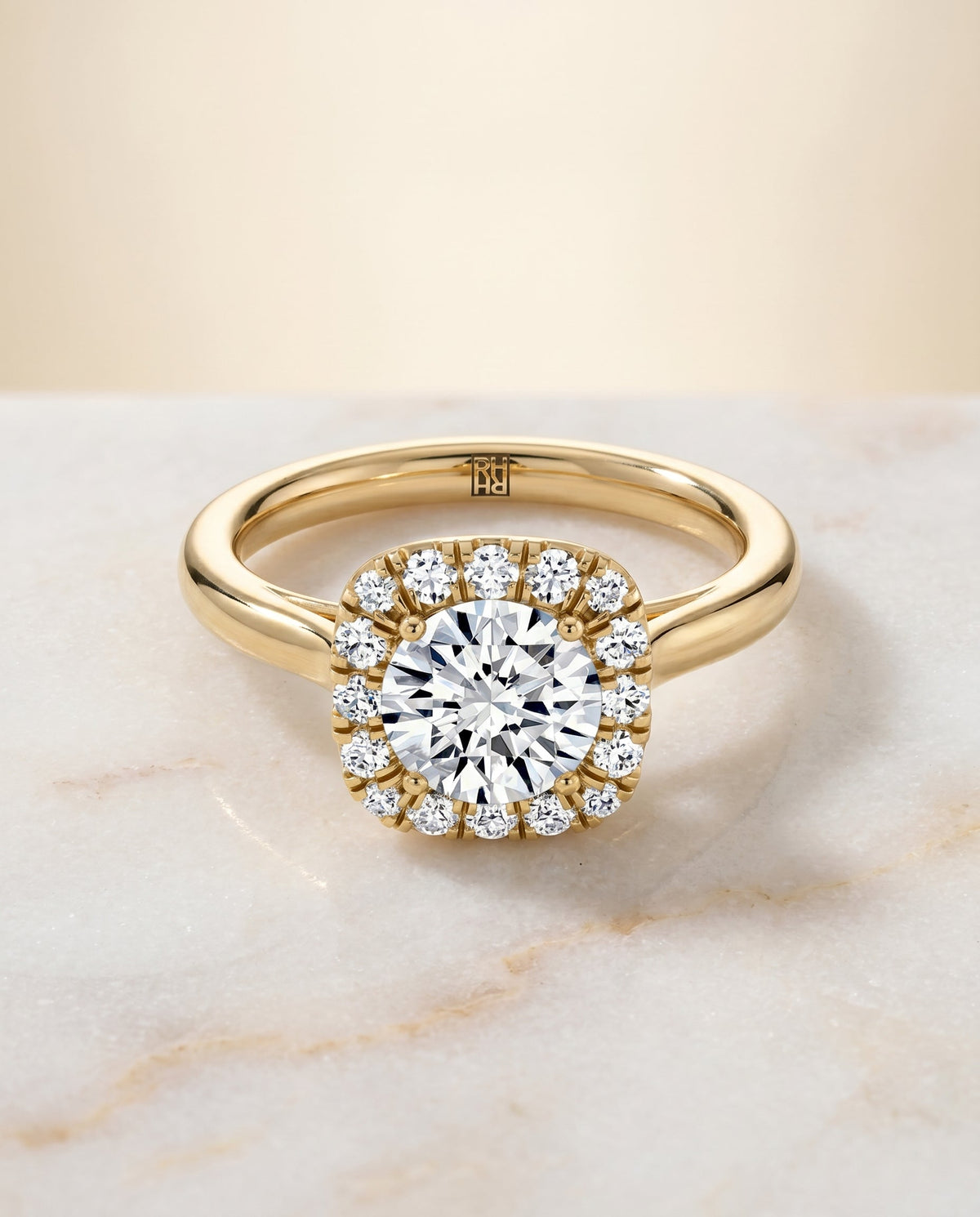 Amy Select High Polish Simple Halo Round Lab Diamond Engagement Ring in 18K Yellow Gold, shown on hand, angled | RockHer