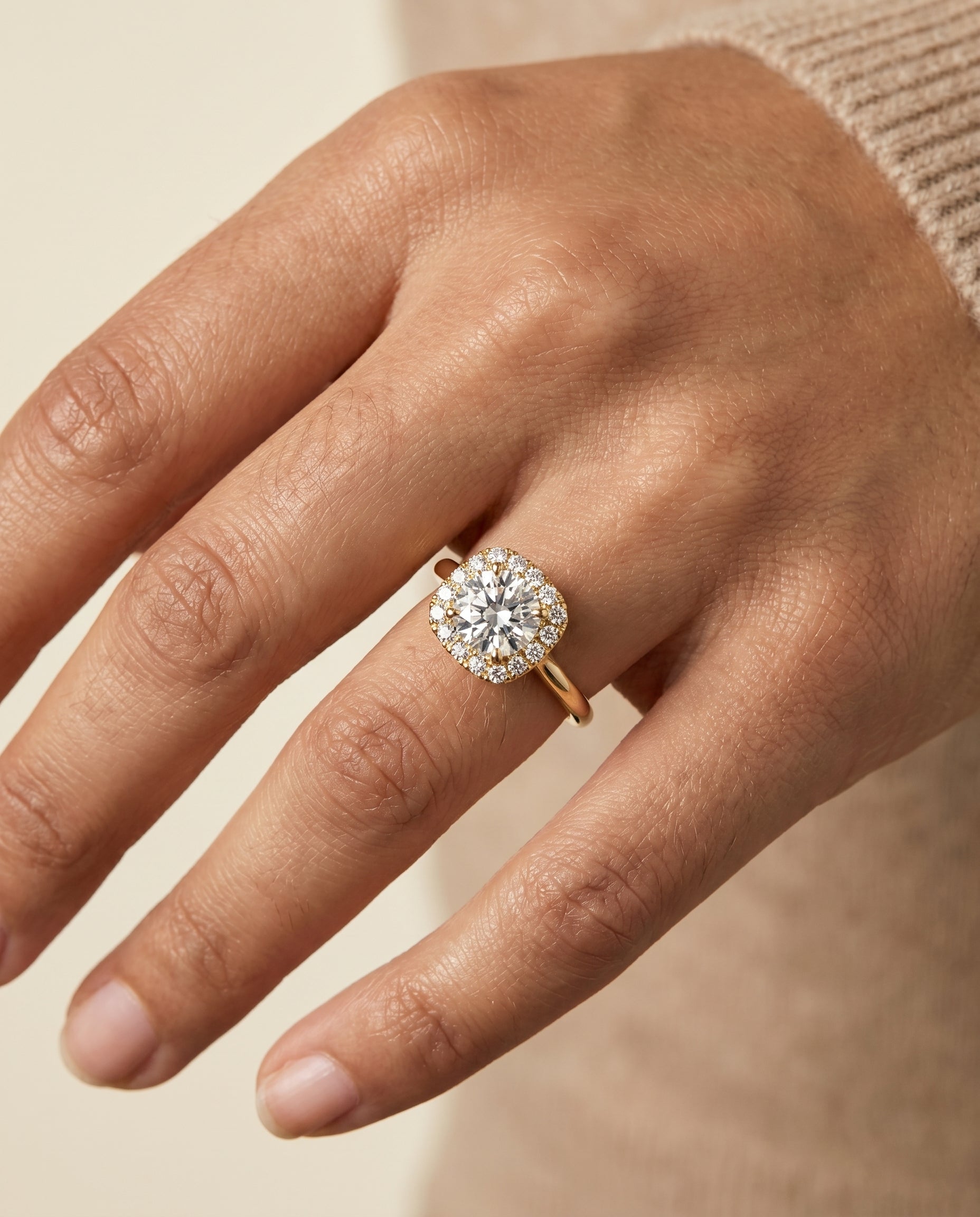 Amy Select High Polish Simple Halo Round Lab Diamond Engagement Ring in 18K Yellow Gold, shown on hand | RockHer