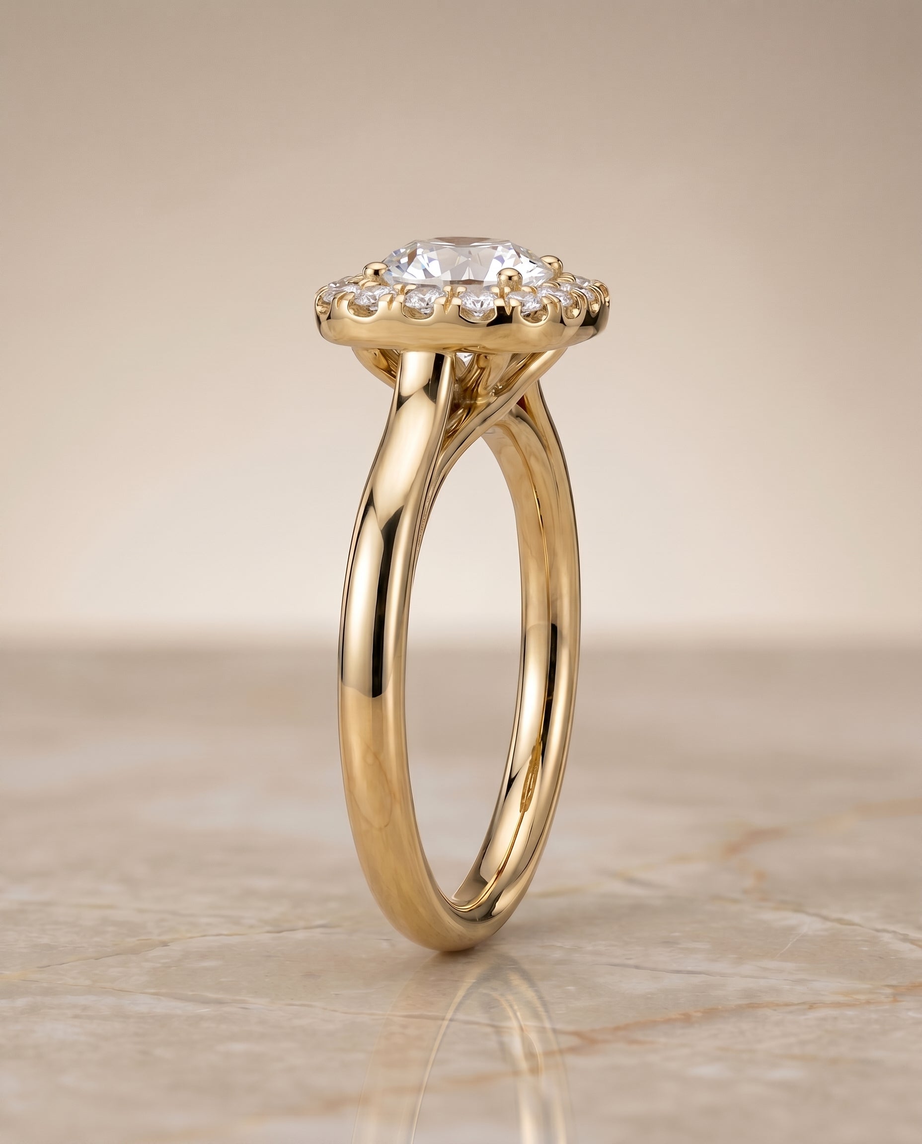 Amy Select High Polish Simple Halo Round Lab Diamond Engagement Ring in 18K Yellow Gold, side view | RockHer