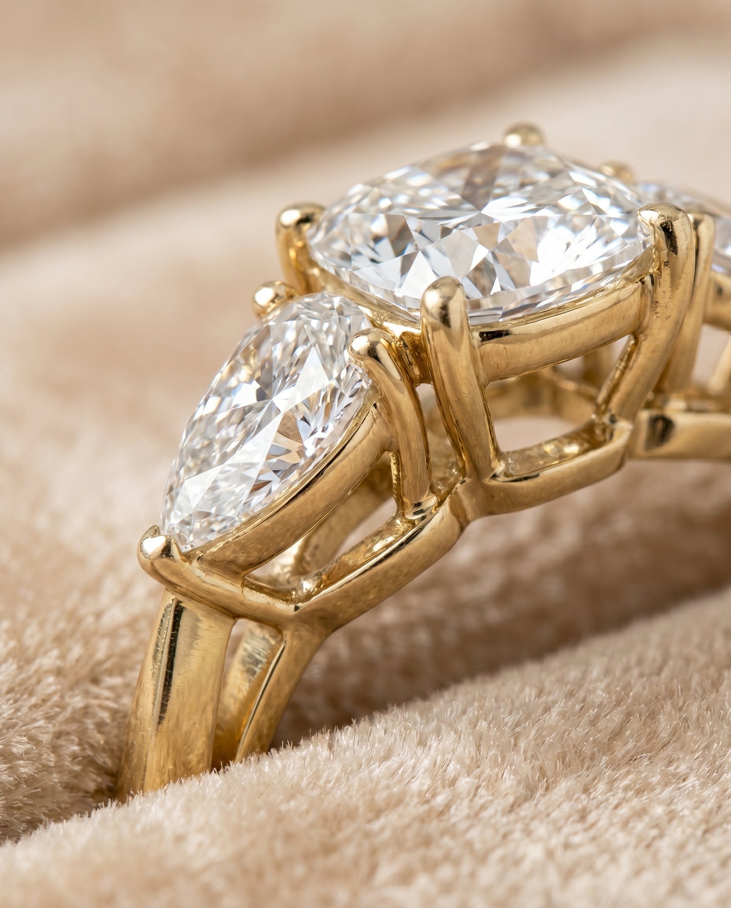The Angelica Three Stone Engagement Ring Setting for Cushion Diamonds in 18K Yellow Gold