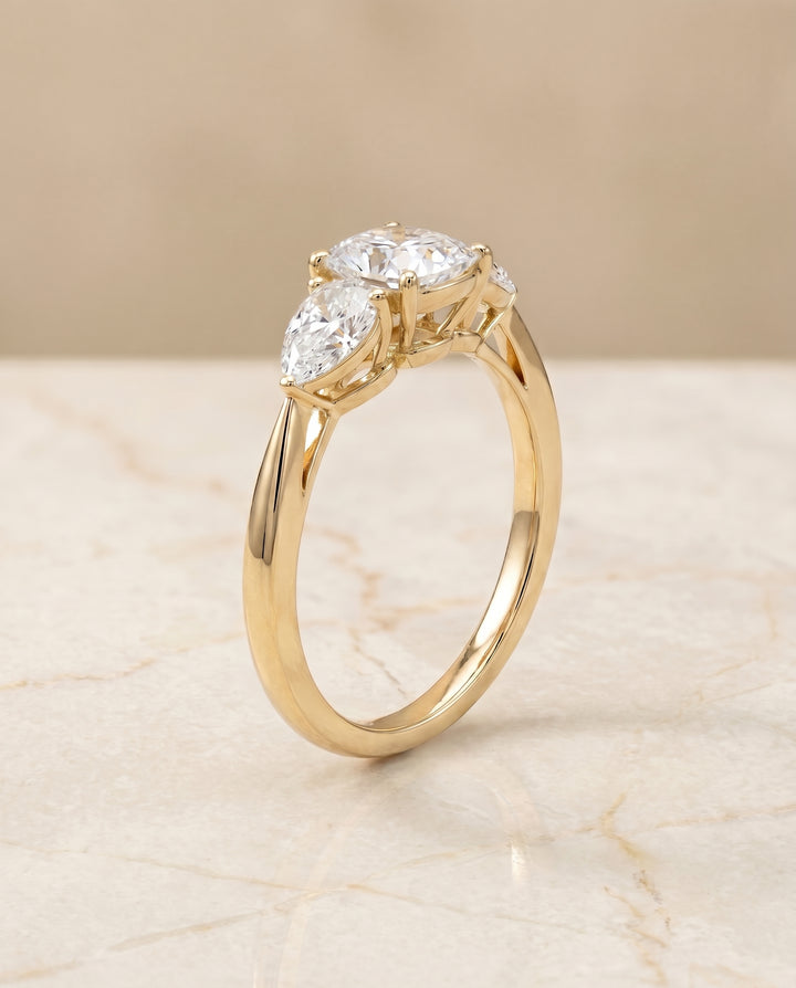 The Angelica Three Stone Engagement Ring Setting for Cushion Diamonds in 18K Yellow Gold