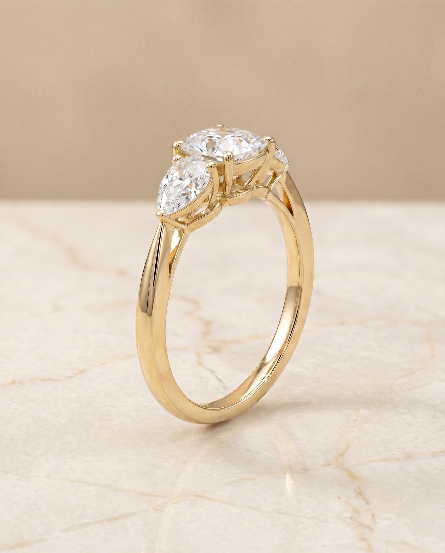 Angelica Select Three Stone Matched Cushion Cut Lab Diamond Engagement Ring in 18K Yellow Gold, front view | RockHer
