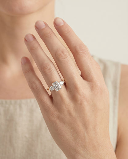 The Angelica Three Stone Matched Emerald Cut Engagement Ring Setting in 18K Yellow Gold