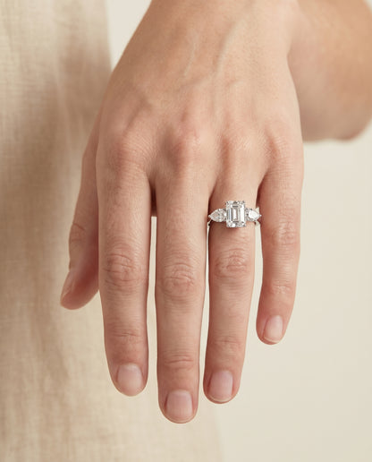 The Angelica Three Stone Matched Emerald Cut Engagement Ring Setting in Platinum