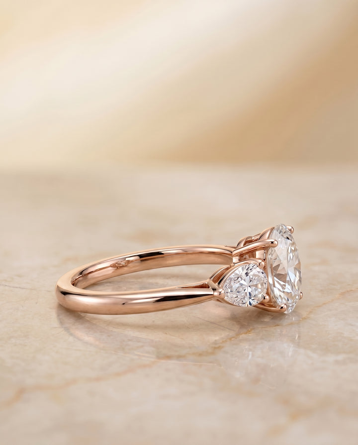 The Angelica Three Stone Engagement Ring Setting for Oval Diamonds in 14K Rose Gold