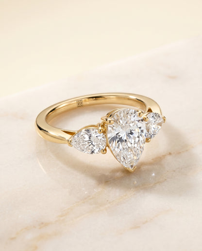The Angelica Three Stone Matched Pear Engagement Ring Setting in 18K Yellow Gold