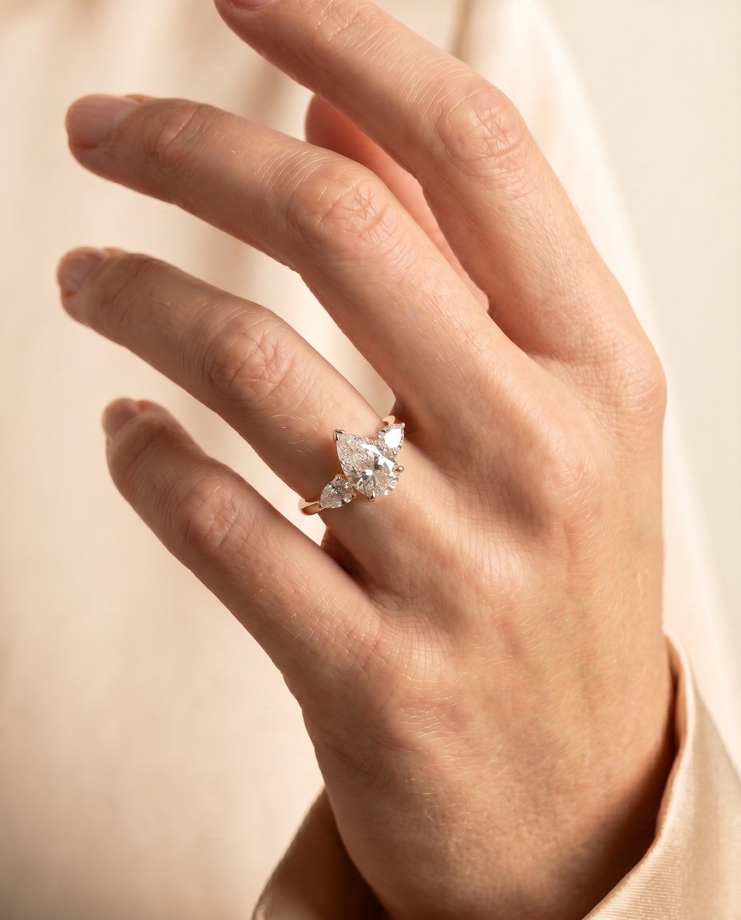 The Angelica Three Stone Matched Pear Engagement Ring Setting in 18K Yellow Gold