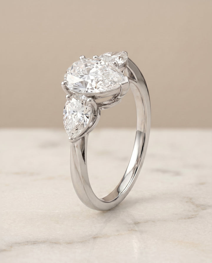 Angelica Select Three Stone Pear Lab Diamond Engagement Ring in 18K White Gold, front view | RockHer