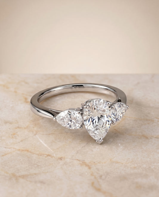 The Angelica Three Stone Engagement Ring Setting for Pear Diamonds in Platinum