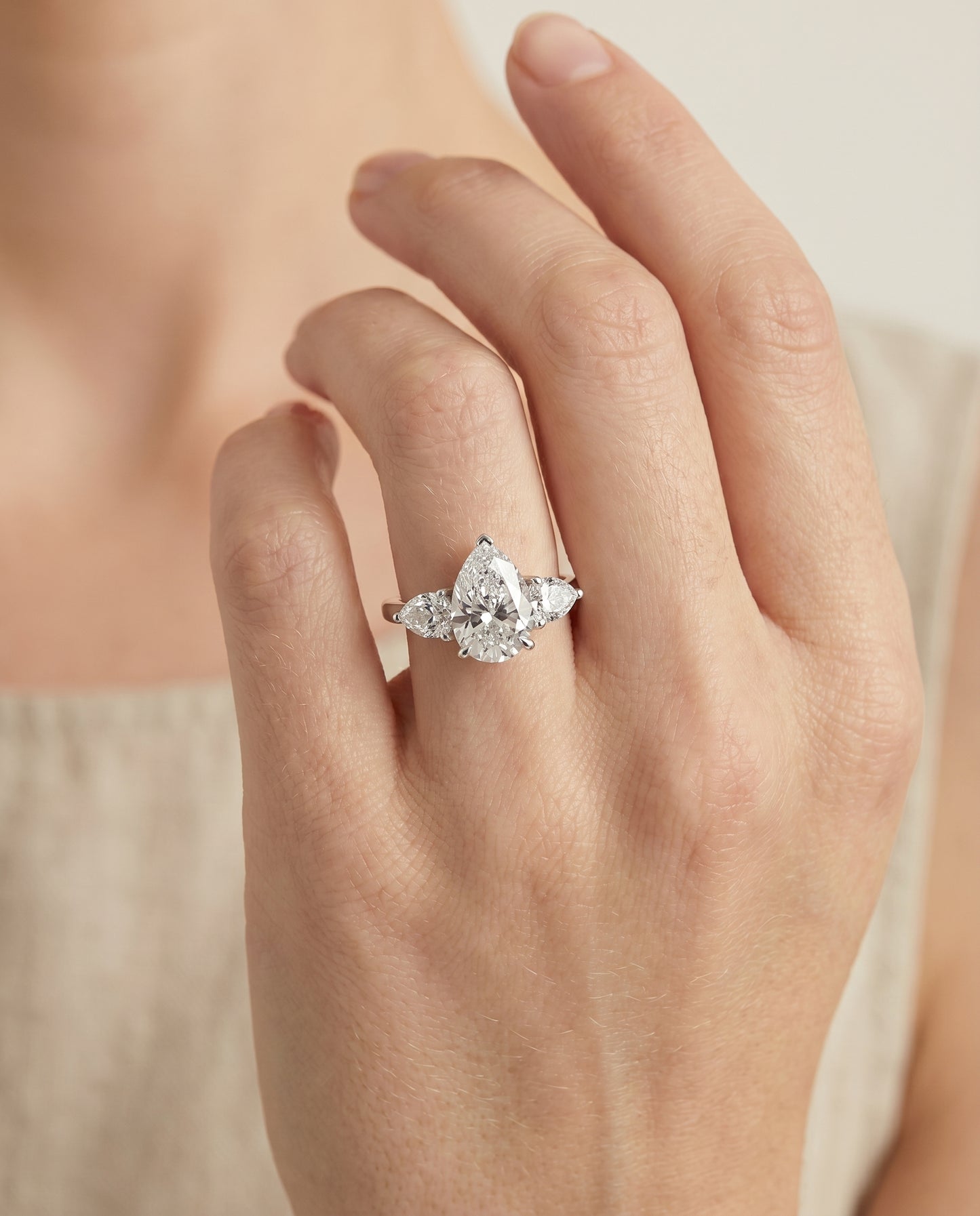 The Angelica Three Stone Matched Pear Engagement Ring Setting in Platinum