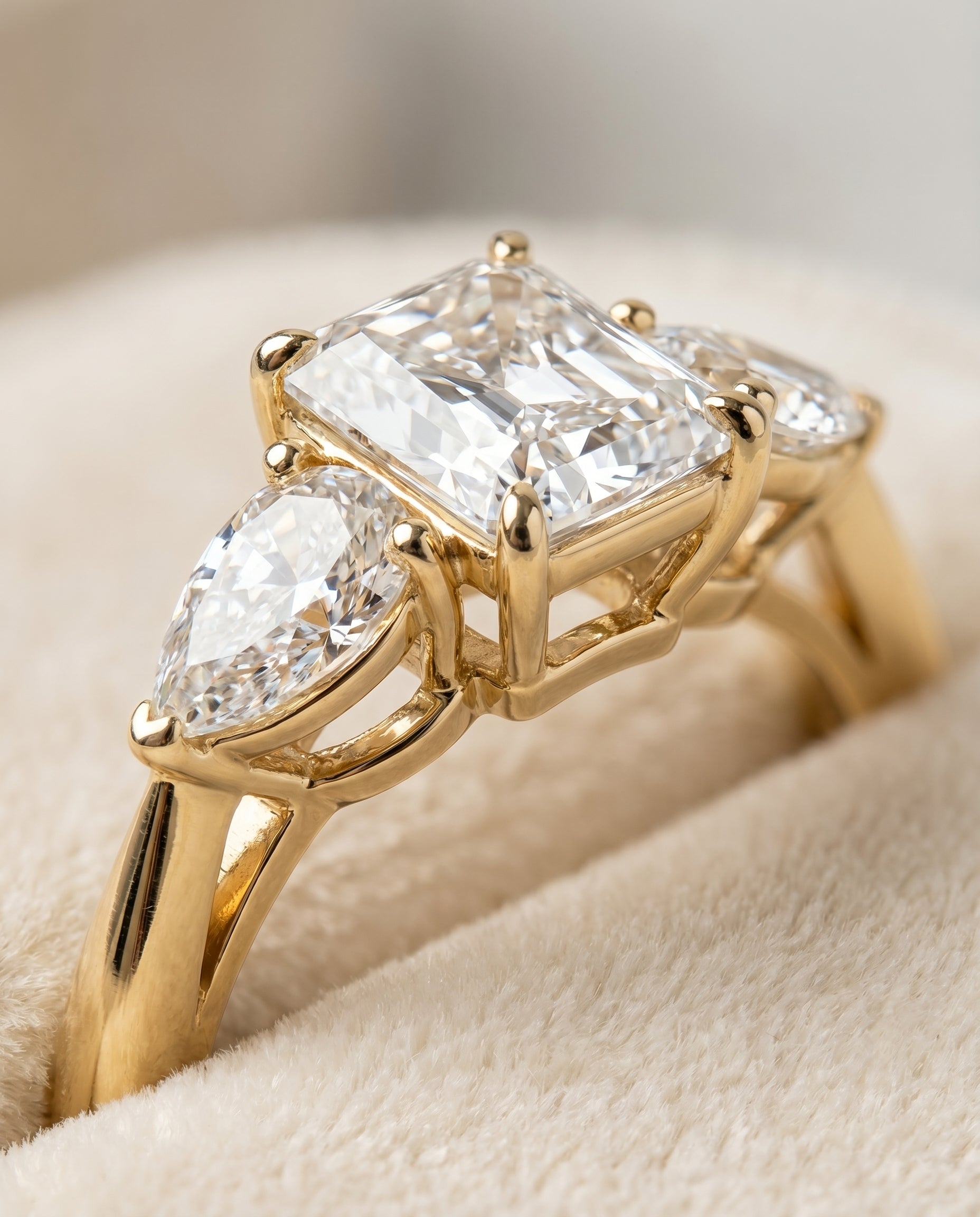 Angelica Select Three Stone Radiant Cut Lab Diamond Engagement Ring in 18K Yellow Gold, detail view | RockHer